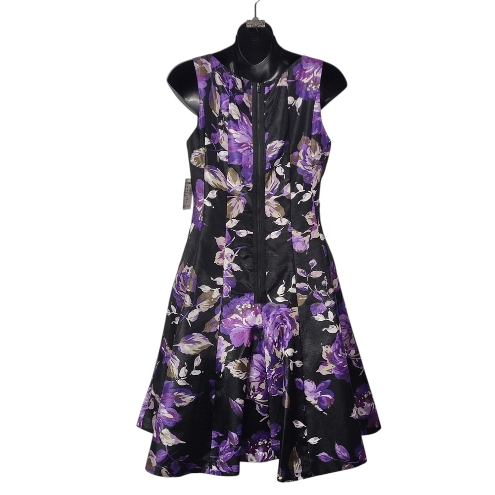 DB Established 1962 Size 4 Purple Floral Black Satin Sleeveless Flare Dress NWT - Picture 2 of 10